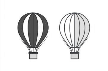 simple line art, simple icon of hot air balloon in two different styles, white background, vector illustration, flat design, simple lines, minimalism, monochrome, vector graphics, flat style