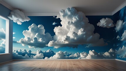 Wall Mural - white blue fantastic 3d clouds in the room interior, sky and landscape.