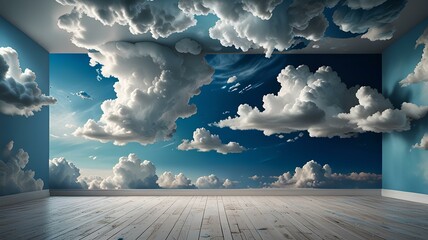 Wall Mural - white blue fantastic 3d clouds in the room interior, sky and landscape.