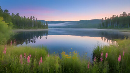 The sky is a gradient of soft blues, pinks, and oranges, filled with the delicate light of dawn. Wildflowers dot the grassy areas near the lake, adding splashes of color to the scene