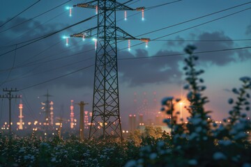 Canvas Print - A picturesque field filled with vibrant flowers and power lines in the background, perfect for use in landscape or nature-themed projects