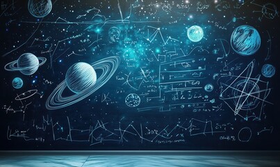 Wall Mural - A blue wall with a drawing of planets and stars and equations. Scene is scientific and educational