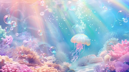 a pastel rainbow background with underwater scene, colorful coral reefs and playful fish swimming around the frame, This backdrop would be perfect for children's birthday party decoration