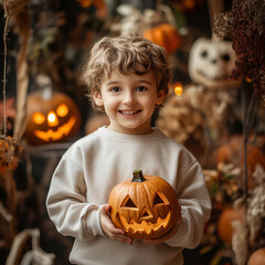 Kids Halloween beige tshirt mockup. Boy model in sweatshirt with jack-o-lantern, standing near pumpkin holiday decoration background. Kids autumn, fall long sleeve tshirt mockup. Blank jumper template