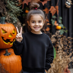 Kids Halloween black tshirt mockup. Cute little girl model in sweatshirt, standing near pumpkin season holiday decoration background. Kids autumn, fall long sleeve tshirt mockup. Blank jumper template