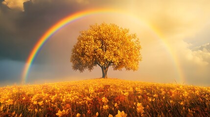 Canvas Print - Golden Tree with Rainbow in Field of Flowers.