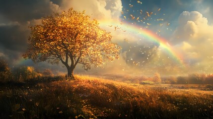 Sticker - Golden Tree in a Meadow with Rainbow.