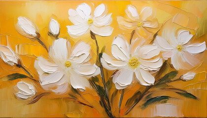 Wall Mural - Rough palette knife oil painting of white flowers, textured yellow backdrop.