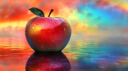 Red Apple on Water with Rainbow Background.