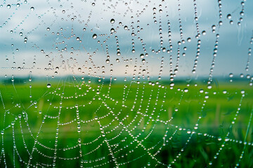 Spiderweb covered in morning dew, with water droplets reflecting the green fields and cloudy sky in the background