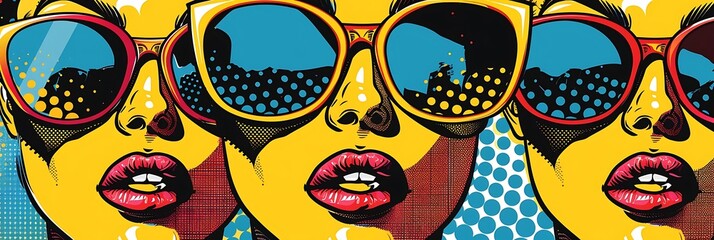 Wall Mural - A vibrant pop art illustration featuring stylized faces with sunglasses, emphasizing bold colors and patterns.