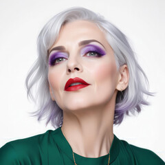 Portrait of beautiful mature woman with white hair and purple bright make-up