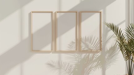 Wall Mural - 3 blank photo frames on a light beige wall, soft pink and cream background with small wildflower accents, minimalistic