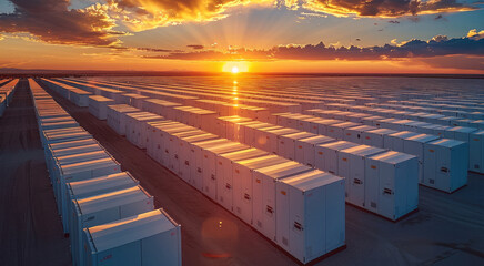 Aufkleber - A large-scale battery storage park, numerous white battery boxes arranged in perfect symmetry, with the light of golden hour casting long shadows and warm hues, against a dramatic sky. Generative AI.