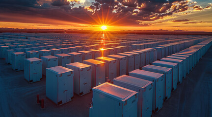Aufkleber - A large-scale battery storage park, numerous white battery boxes arranged in perfect symmetry, with the light of golden hour casting long shadows and warm hues, against a dramatic sky. Generative AI.