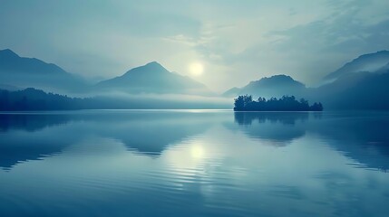 Wall Mural - A serene landscape featuring mountains, a calm lake, and a soft sunrise.