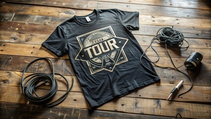 A black tour t-shirt with a distressed print of a fictional rock band's logo, crumpled on a weathered wooden floor amidst music gear and cables.