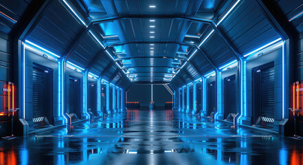 Poster - Entrance plaza of a covert sci-fi space hangar facility with modern design in black metal with blue paint accents, at night. Generative AI.