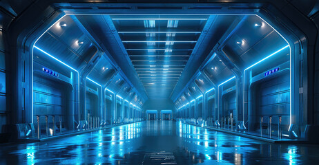 Poster - Entrance plaza of a covert sci-fi space hangar facility with modern design in black metal with blue paint accents, at night. Generative AI.