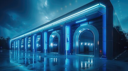 Poster - Entrance plaza of a covert sci-fi space hangar facility with modern design in black metal with blue paint accents, at night. Generative AI.