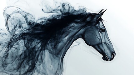 Wall Mural - A black horse with a flowing mane made of smoke against a white background.