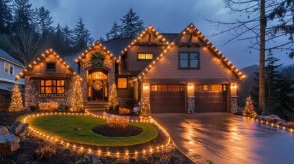 Exterior of a beautifully decorated home with twinkling holiday lights.