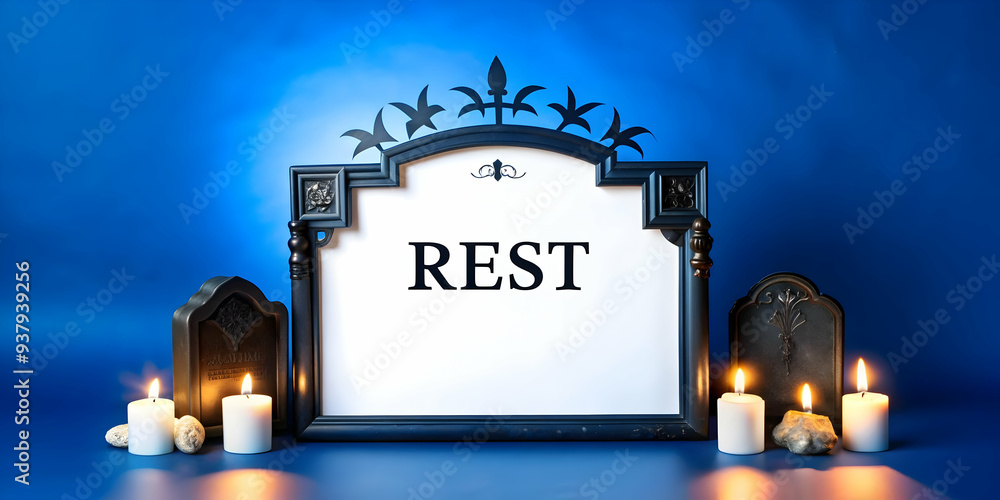 Rest Colourful Border For Sign Flat Candle and Tombstone Border with Rest Text concept as A dark and ...
