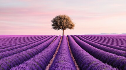 Poster - Lonely Tree in Lavender Field at Sunset.