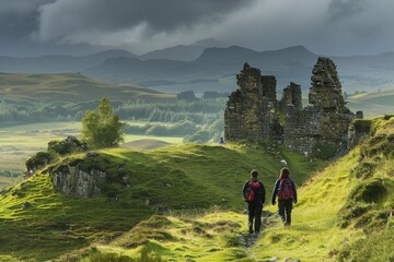 Two backpackers discover old stone ruins in a foggy mountain valley, surrounded by lush green meadows and misty peaks.