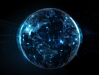 digital globe with binary code and data flow, blue grid and golden lights