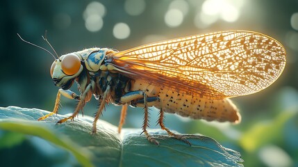 Wall Mural - A close-up of a cicada perched on a green leaf with its wings spread out. The sun shines brightly in the background.