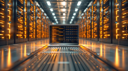 Fototapete - An open laptop in a modern data center, golden colors, natural lighting. Generative AI.