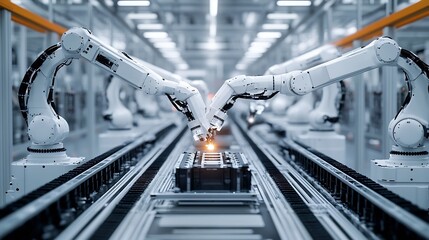 Poster - Industrial Robot Arms Assemble LithiumIon EV Battery Pack Row of White Robotic Arms at Automated Production Line at Bright Modern Factory Electric Car Manufacturing Inside Automotive S : Generative AI