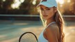 © The Little Hut - fashion outdoor photo of beautiful athletic girl in sportswear with tennis racket  posing on the tennis court : Generative AI