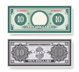 Wall Mural - Vector fictional beautiful banknote of 10 dollars. Obverse and reverse of note. Play money with empty circle, guilloche patterns and grid. Blank or sample of certificate. Business and finance. Ten.