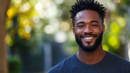 Handsome happy African American bearded man Portrait of cheerful young man standing outdoors and smiling at camera Positive emotion concept of male person Generation z guy look carefre : Generative AI