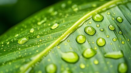 Aufkleber - Closeup of green banana leaf background with details of a leafcovered in water droplets Macro vibrant plant nature organic Abstract green leaf light : Generative AI