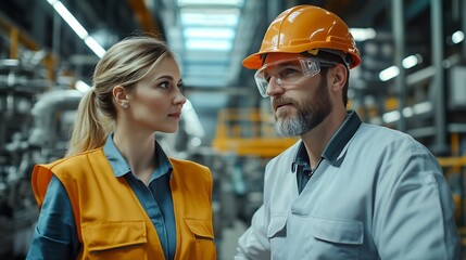Fototapete - Handsome manager train female technician to work in automated production factory Industrial engineer teamwork standing in manufacturing facility discussing machinery technology in high : Generative AI
