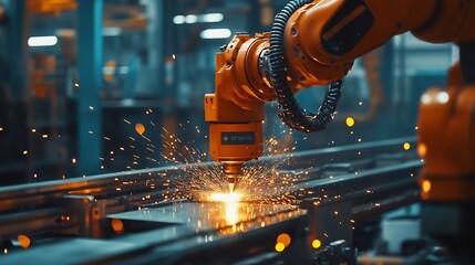 Fototapete - Engineers team mechanic using computer controller Robotic arm for welding steel in steel factory workshop Industry robot programming software for automated manufacturing technology : Generative AI