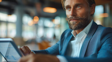 Poster - Business man sitting at a table, looking at business information on a tablet. Generative AI.