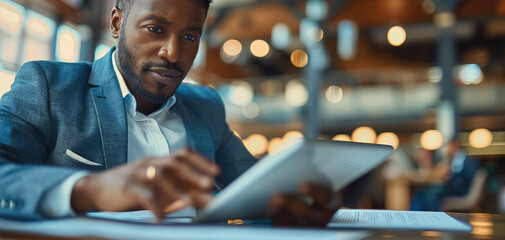Aufkleber - Business man sitting at a table, looking at business information on a tablet. Generative AI.