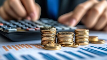 Aufkleber - Business finance and investment currency exchange concept Accountant using calculator with coins and financial report economic graph growth finance background : Generative AI