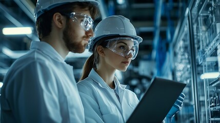 Leinwandbilder - Experienced Male and Female Engineers Standing on a Platform at a Modern Industrial Factory Using Laptop Computer and Discussing Production of Modern Electronics for Artificial Intelli : Generative AI