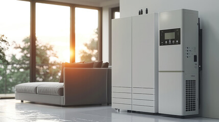 Fototapete - Home module, on-grid hybrid inverter, lithium battery energy storage system. Generative AI.