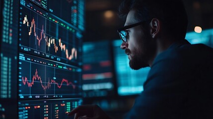 Leinwandbilder - Investing and stock market concept A businessman checks financial data charts for trading forex stocks money and digital assets business finance technology and investment : Generative AI