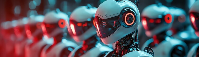 Futuristic robots lined up with glowing features, showcasing advanced design and technology in a sci-fi environment.
