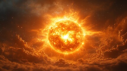 Wall Mural - a fiery sun blazes in the dark cosmos, surrounded by a swirling cloud of gas.