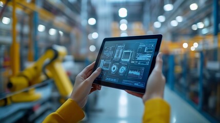Aufkleber - Computer and digital tablet for control of robots in a smart factory Smart industry 40 concept : Generative AI