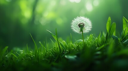 Leinwandbilder - White dandelion in a green grass on a forest meadow Macro image shallow depth of field Abstract summer nature background : Generative AI