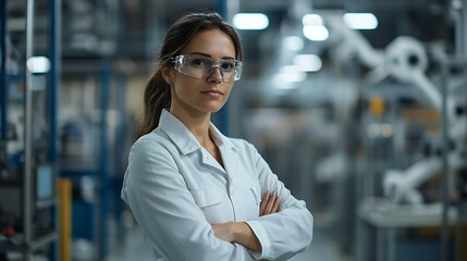 Poster - Female project manager standing in modern industrial factory Manufacturing facility with robotics robotic arms and automation Storing products and materials in warehouse : Generative AI